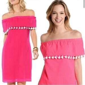 Sail to Sable Women's Small Crinkle Off the Shoulders Pom Pom Cotton Mini Dress